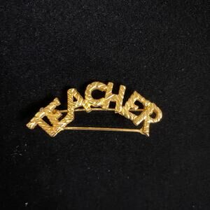 Gold Tone TEACHER Word Brooch Pin Arched Textured Letters Teacher Gift 2"